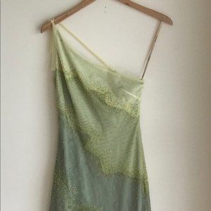 Green one shoulder beaded gown
